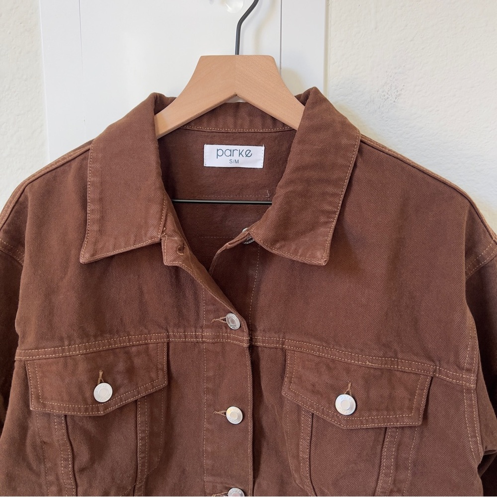 New PARKE Oversized Denim Jacket in Brown - Picture 5 of 12